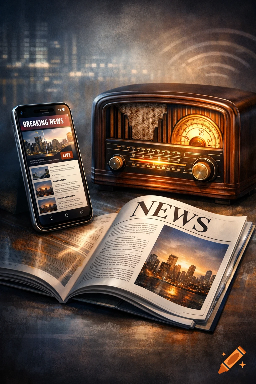 A smartphone displaying 'Breaking News', an old wooden radio, and an open newspaper with 'NEWS' on a table, in a photorealistic style.