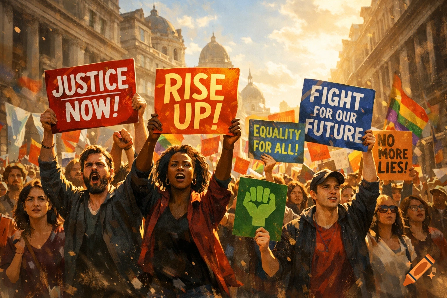 A diverse crowd of people protesting with signs like 'JUSTICE NOW!', 'RISE UP!', and 'EQUALITY FOR ALL!' on a sunny city street.