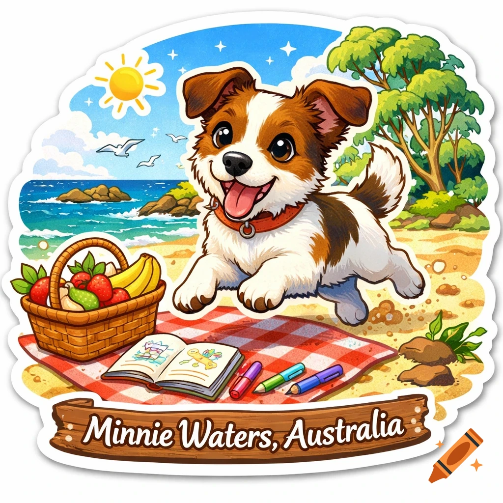 Cute cartoon Jack Russell dog running on a beach next to a picnic blanket with fruit, art supplies, and a banner reading "Minnie Waters, Australia".