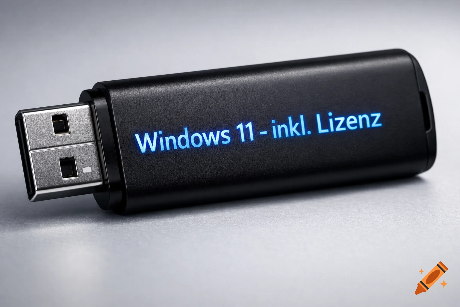 Photorealistic close-up of a black USB stick with glowing blue text 'Windows 11 - inkl. Lizenz' on a gray background.