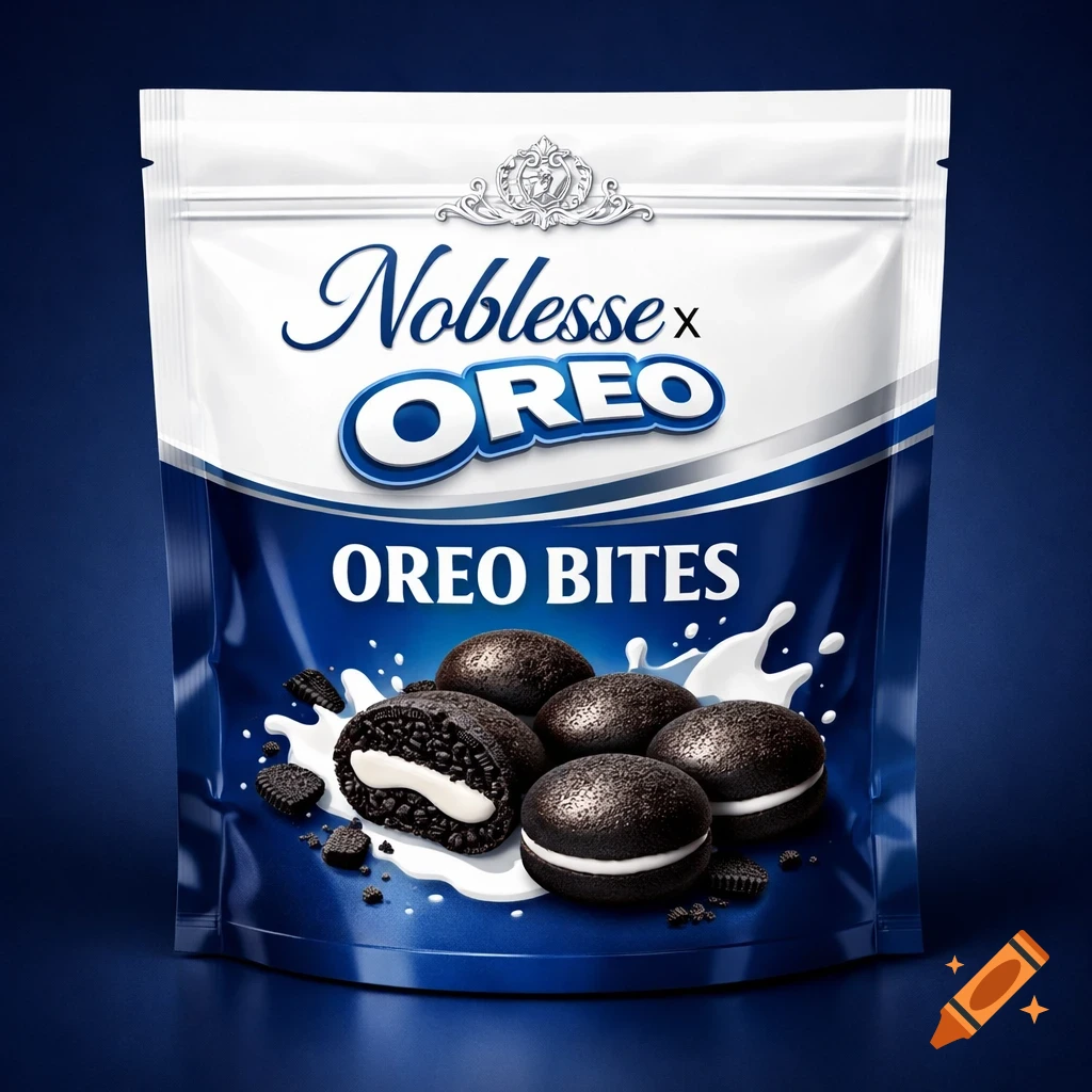 Blue and white Noblesse x OREO Bites package with Oreo cookies and milk splashes on a blue background.