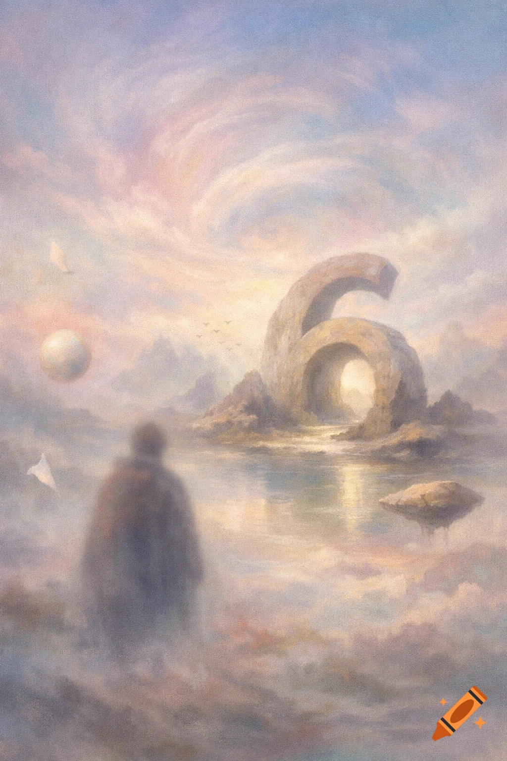 Surreal painting of a blurry figure facing a colossal stone '6' in a misty, dreamlike landscape.