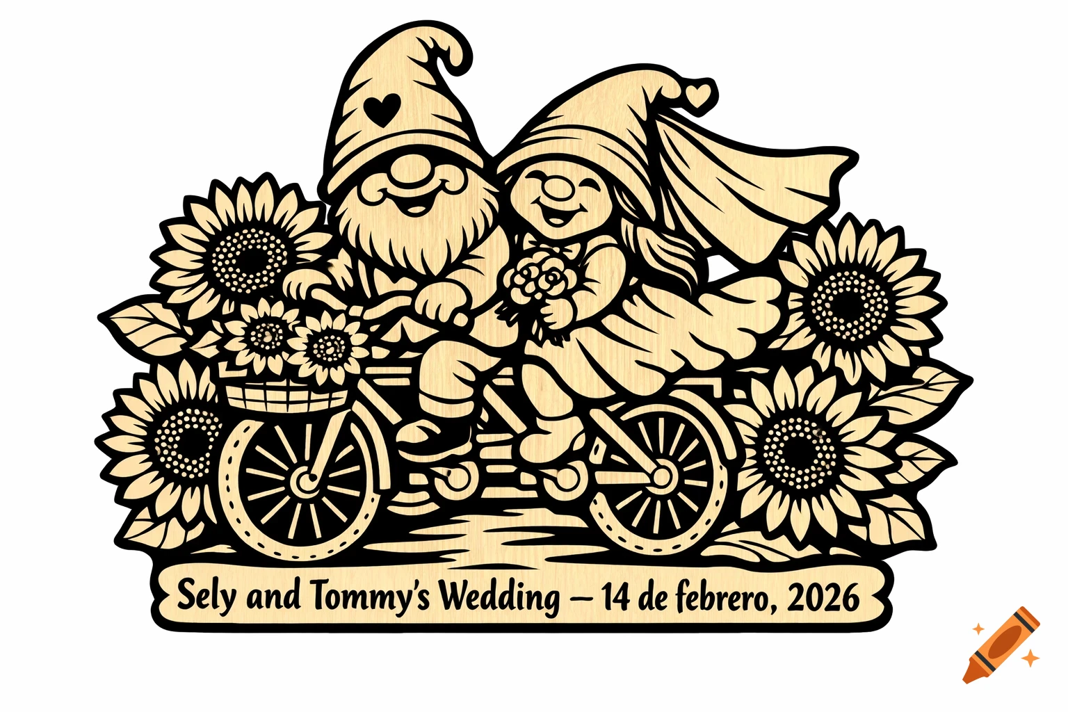 Laser-cut wood style illustration of a gnome bride and groom on a bicycle, surrounded by sunflowers, with wedding text.