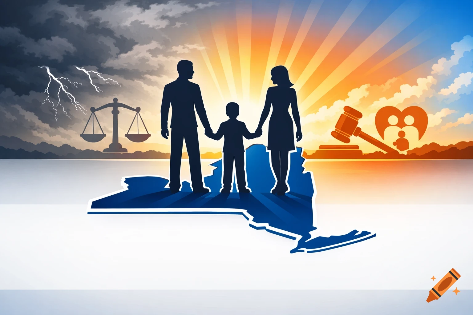 Silhouettes of parents and child on a New York map, with a sky transitioning from stormy to sunrise, alongside scales of justice and family heart icons, in vector art.