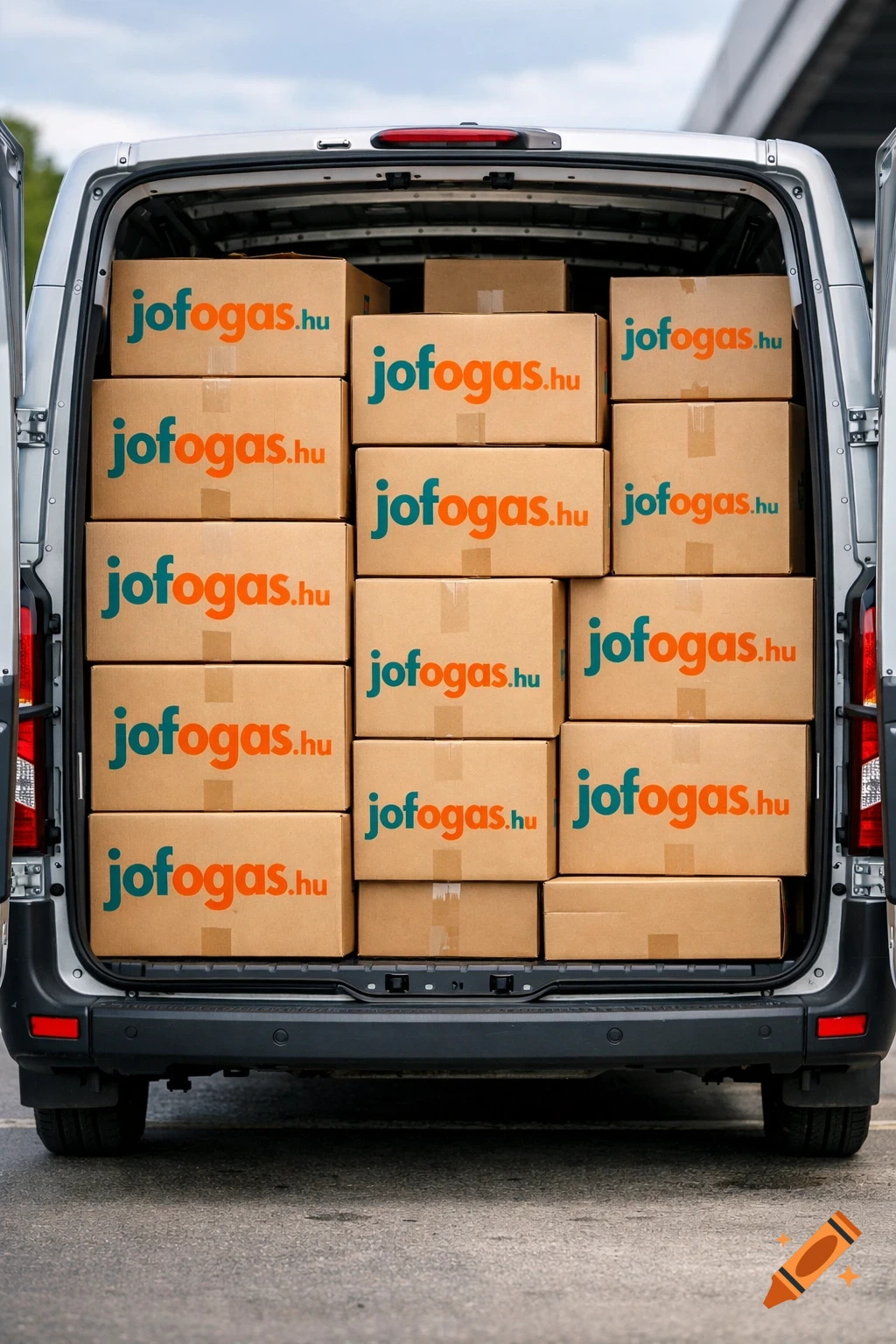 Rear view of a delivery van filled with cardboard boxes, each labeled with the 'jofogas.hu' logo, in a photorealistic style.