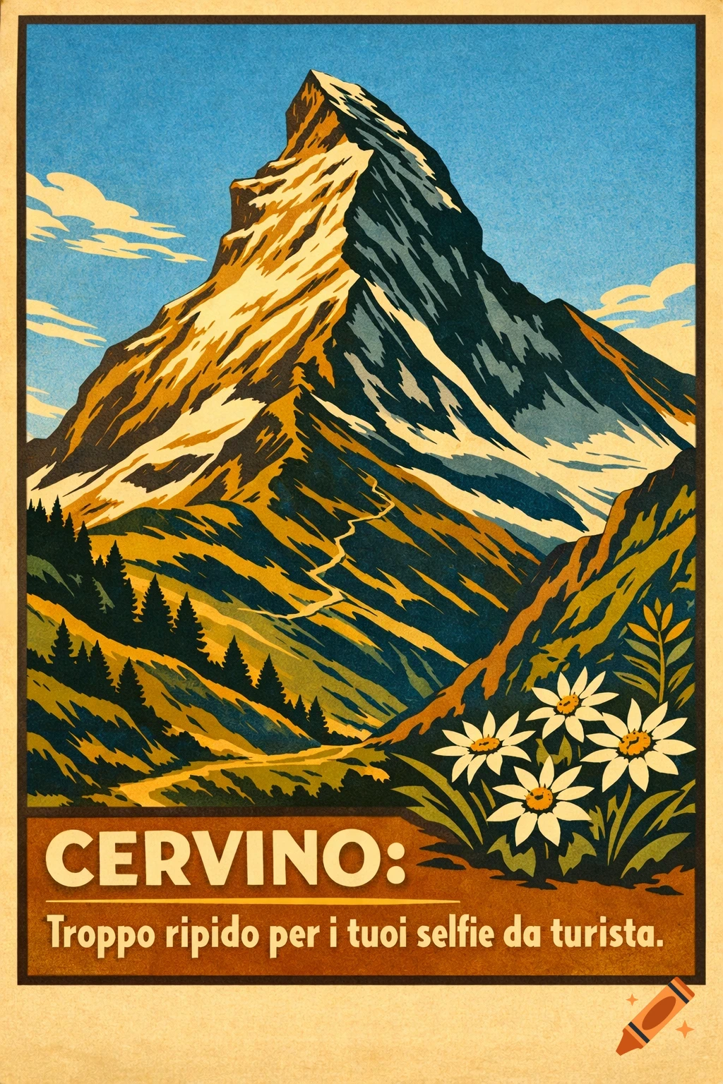 Vintage travel poster of the Matterhorn (Cervino) mountain with forests, flowers, and Italian text: "Cervino: Too steep for your tourist selfies."