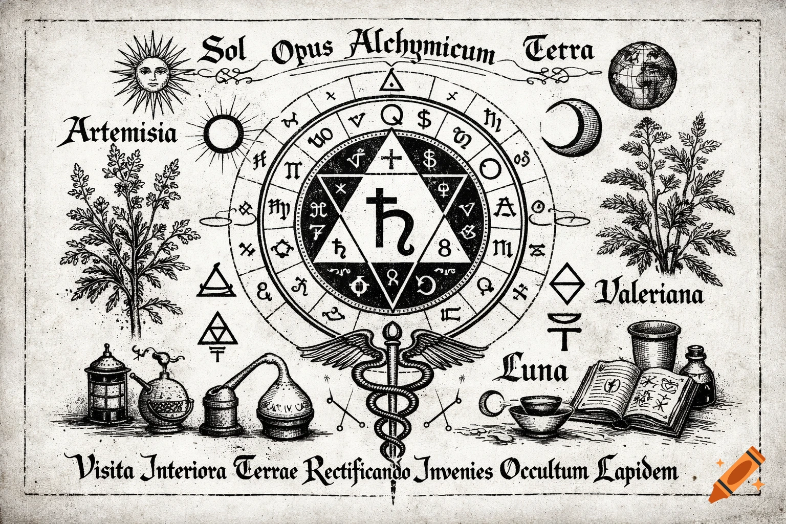 An antique black and white alchemical diagram on distressed paper, featuring a central circle with symbols, surrounded by celestial bodies, plants like artemisia and valeriana, alchemical apparatus, and Latin text.