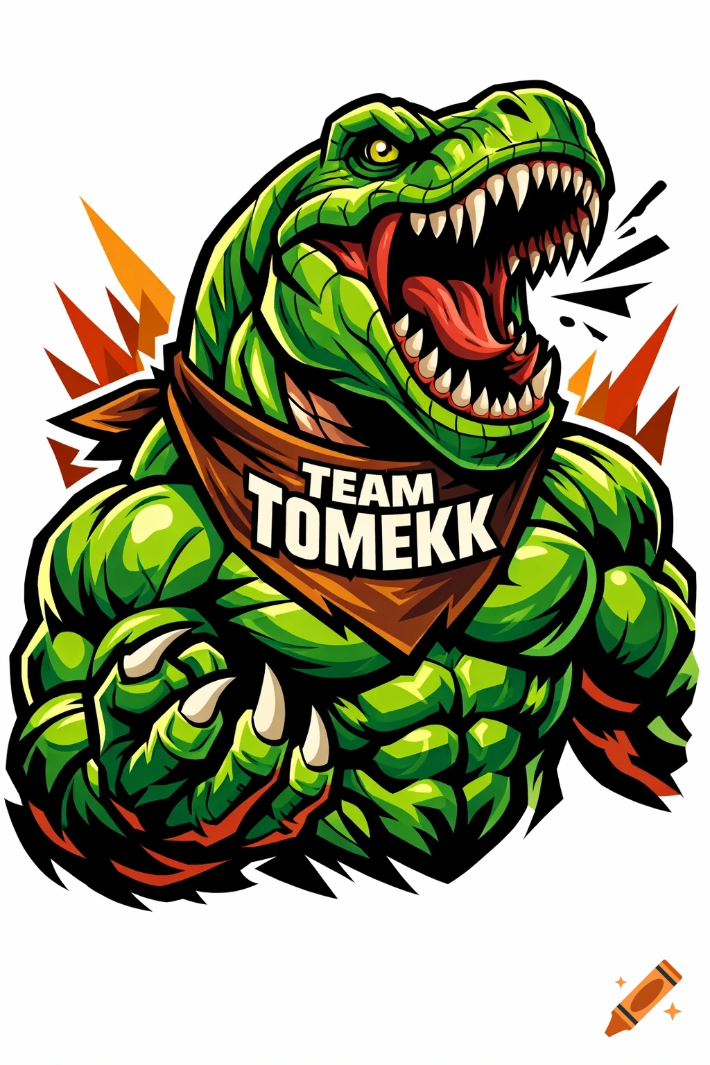 A roaring, muscular green T-Rex mascot in comic art style, wearing a brown bandana with 'TEAM TOMEKK' written on it.