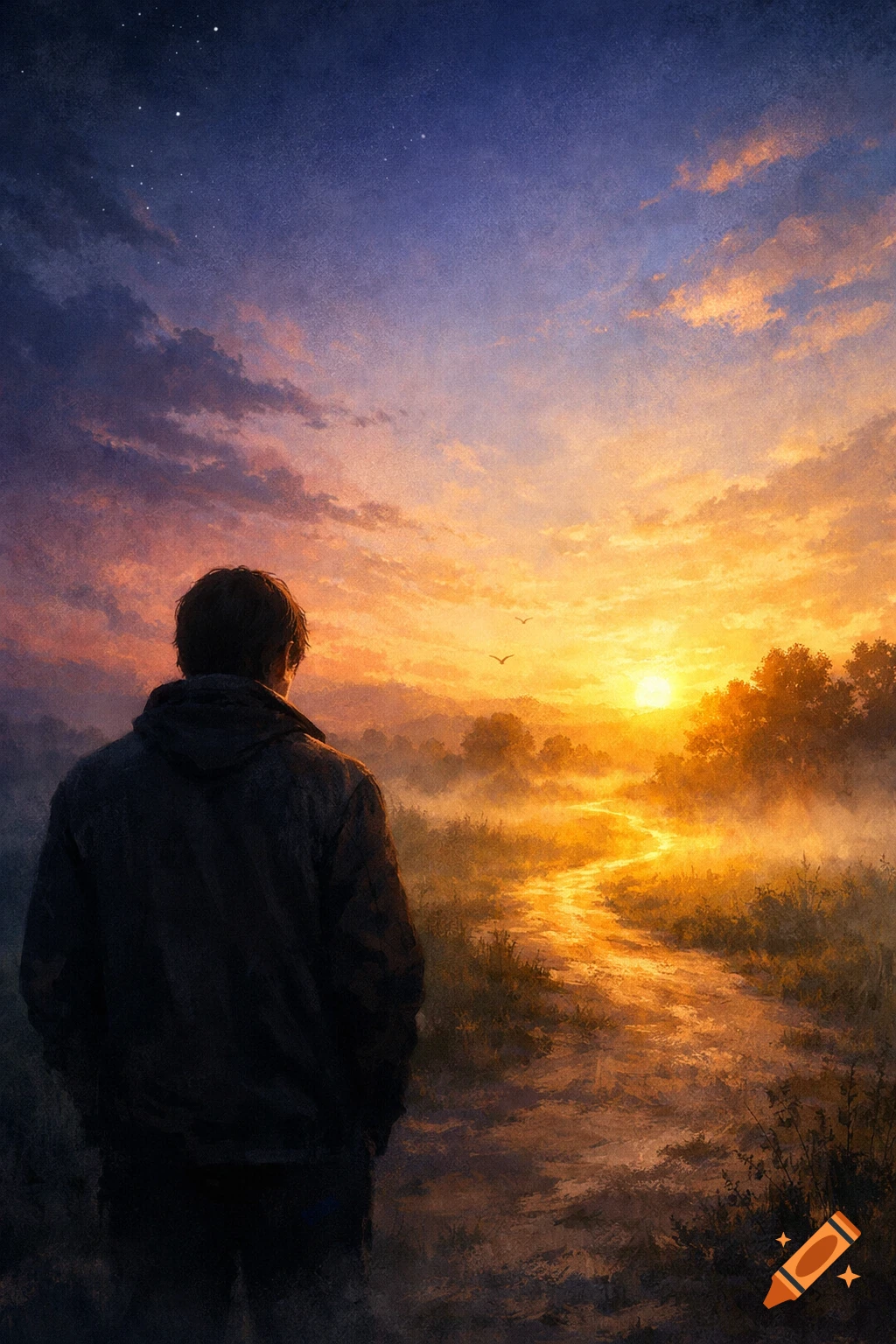 A person in a dark jacket stands with their back to the viewer, looking at a vibrant orange and purple sunset over a misty, winding path through a field.