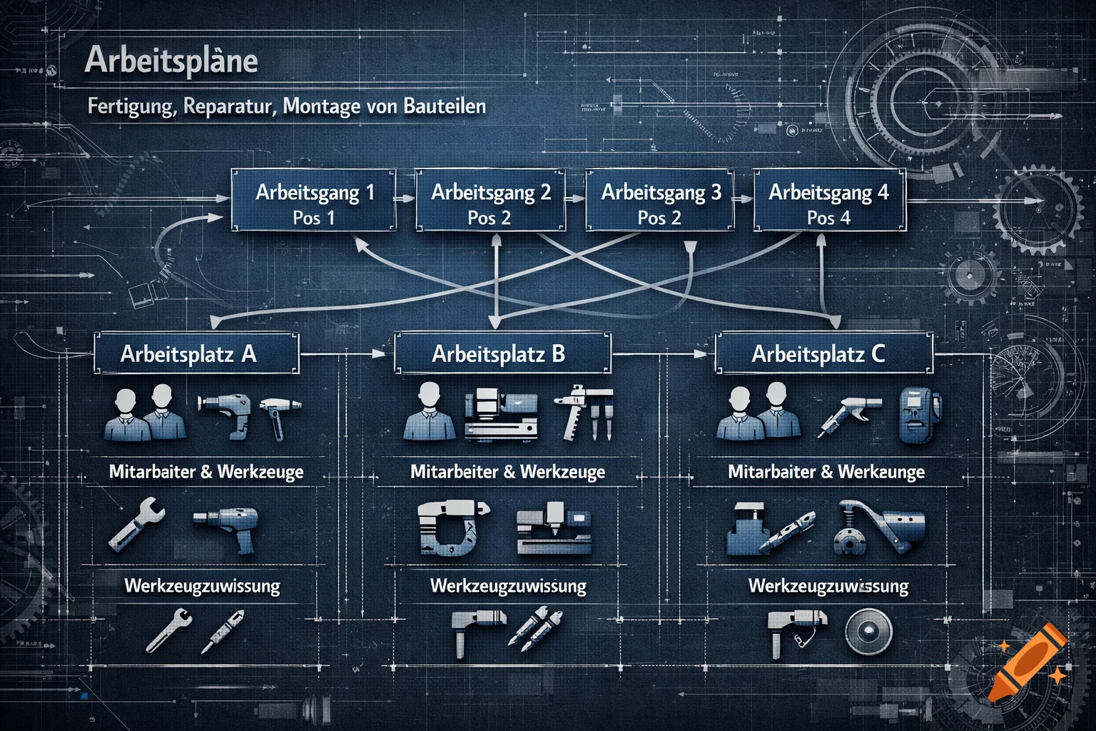 A blue and black diagram illustrating work plans, processes, workplaces ...