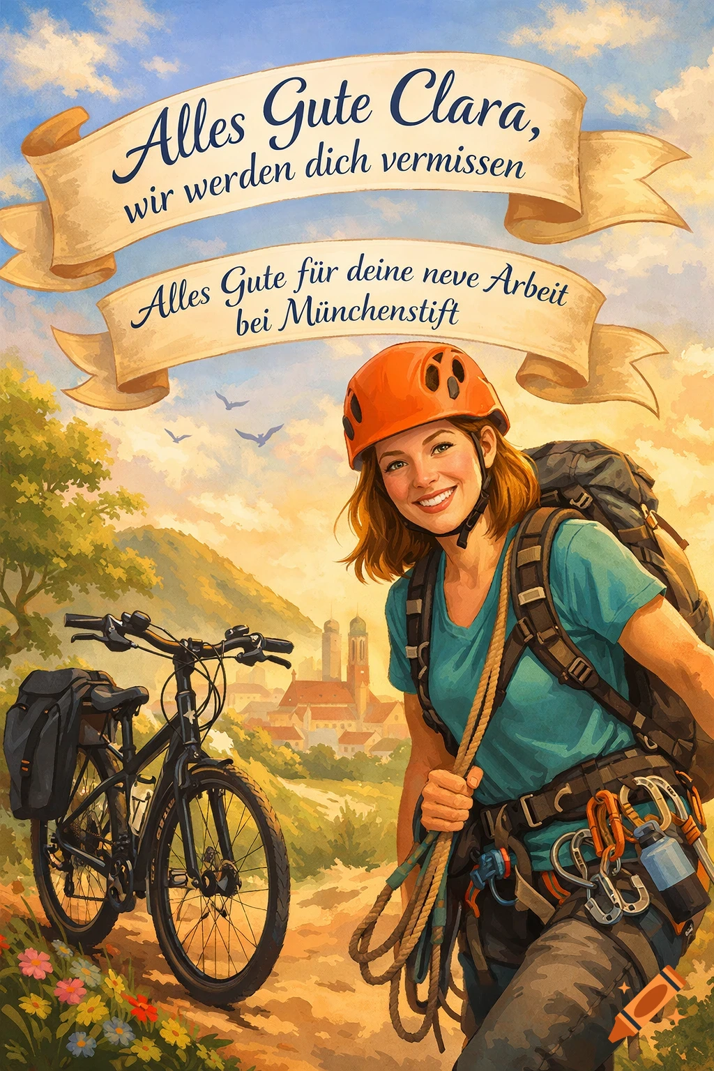 A smiling woman in an orange helmet and climbing gear, holding a rope, stands next to a bicycle on a path. In the background is a town with church spires and mountains under a blue sky. Two banners with German text are above her in a greeting card style.