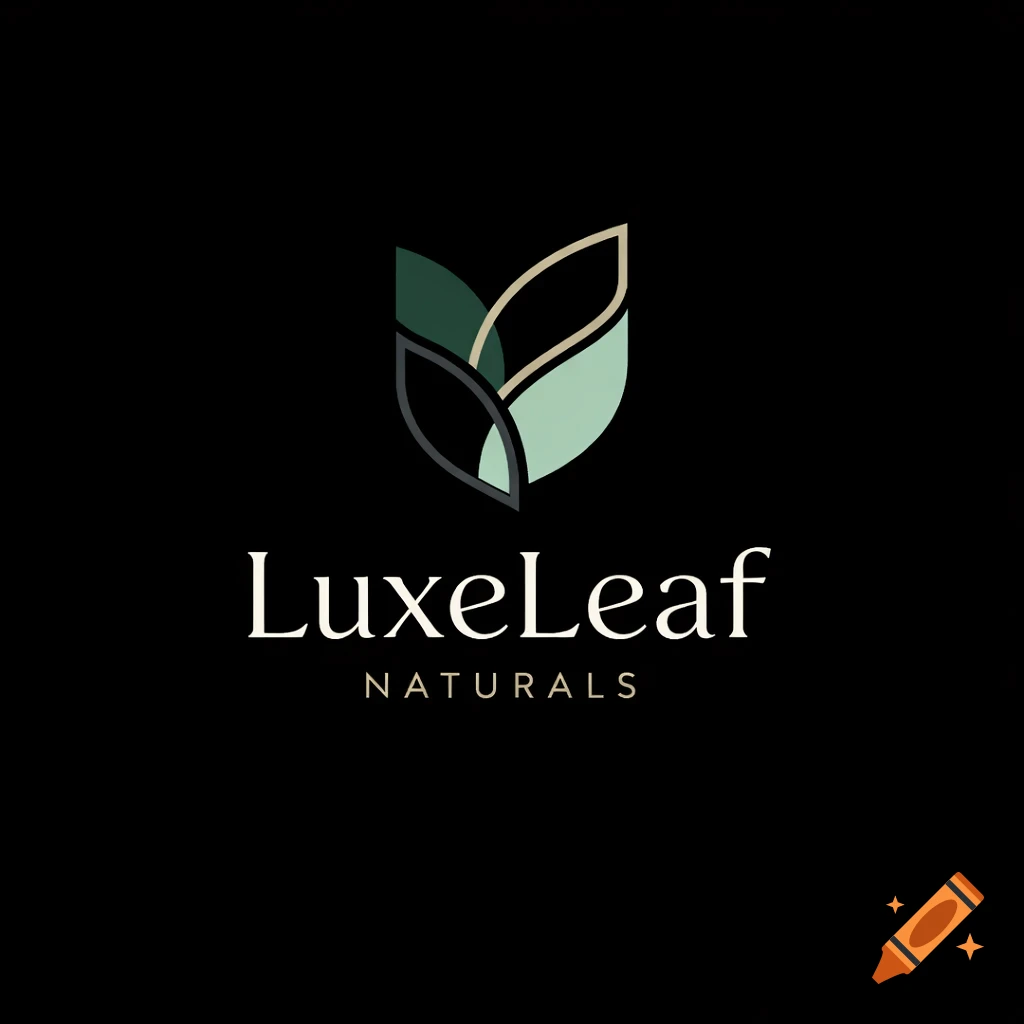 A minimalist logo for LuxeLeaf Naturals, featuring abstract green and beige leaf shapes above the brand name.