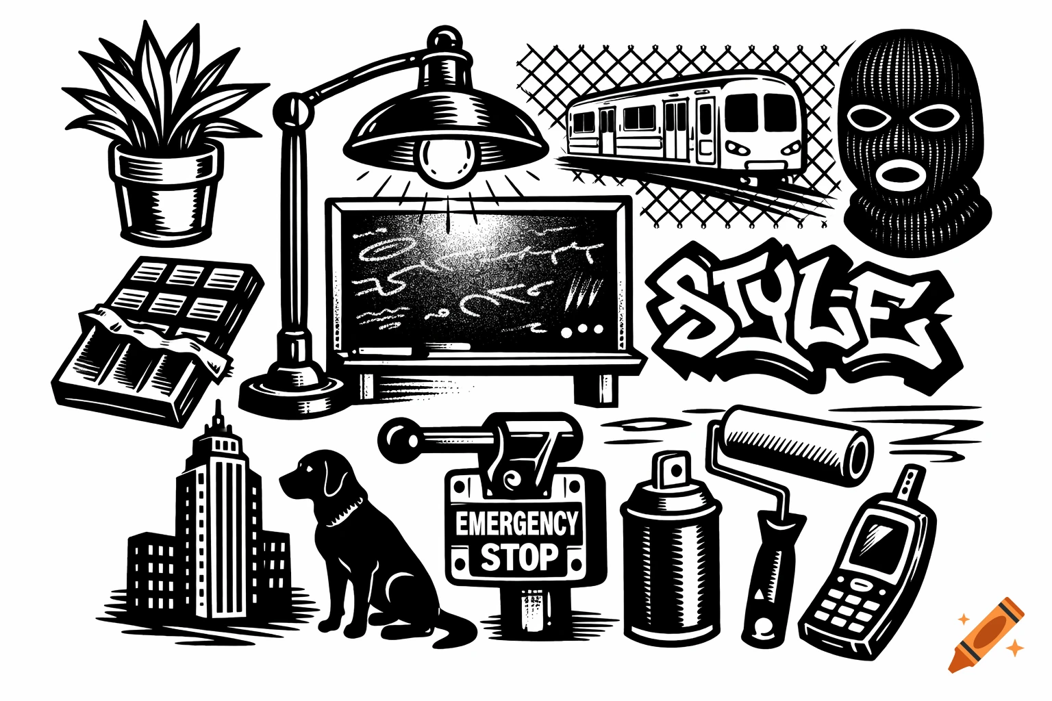 Black and white tattoo flash sheet featuring a plant, chocolate, lamp, chalkboard, train, balaclava, graffiti, skyscraper, dog, emergency stop sign, spray paint, roller, and old phone in an urban style.