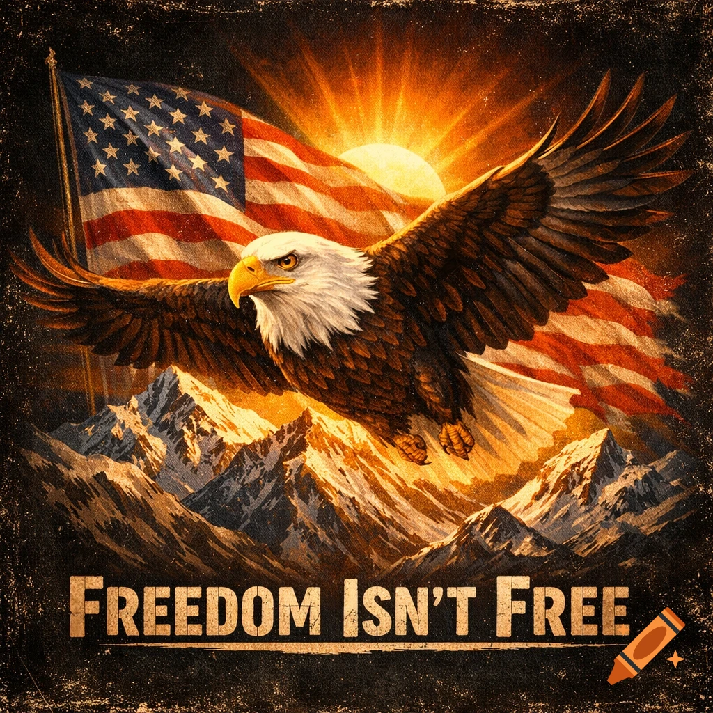 A majestic bald eagle flies over sun-kissed mountains with an American flag. Text reads "FREEDOM ISN'T FREE".