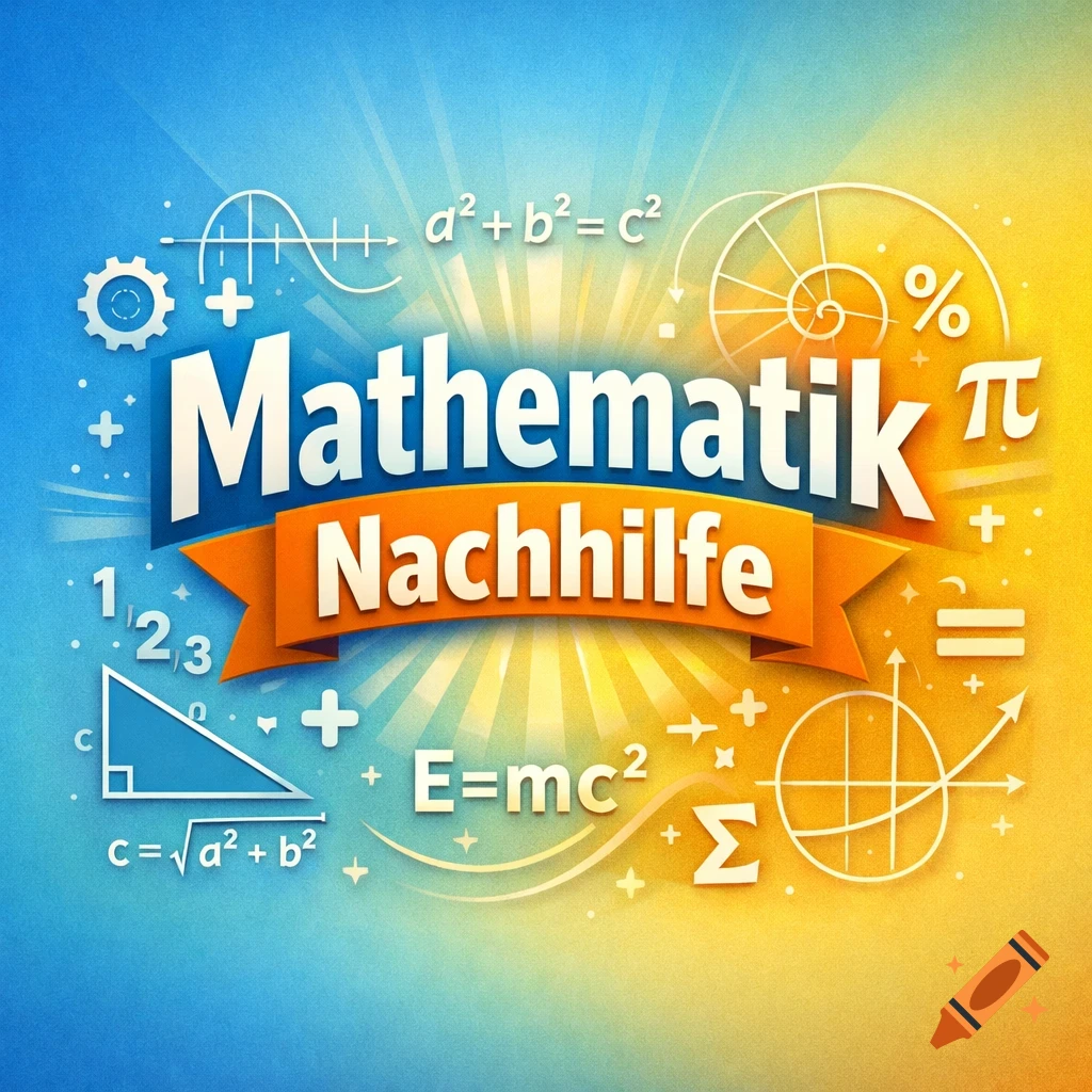 Colorful poster with "Mathematik Nachhilfe" (Mathematics Tutoring) on a banner, surrounded by mathematical symbols and equations on a radiant blue and yellow background.