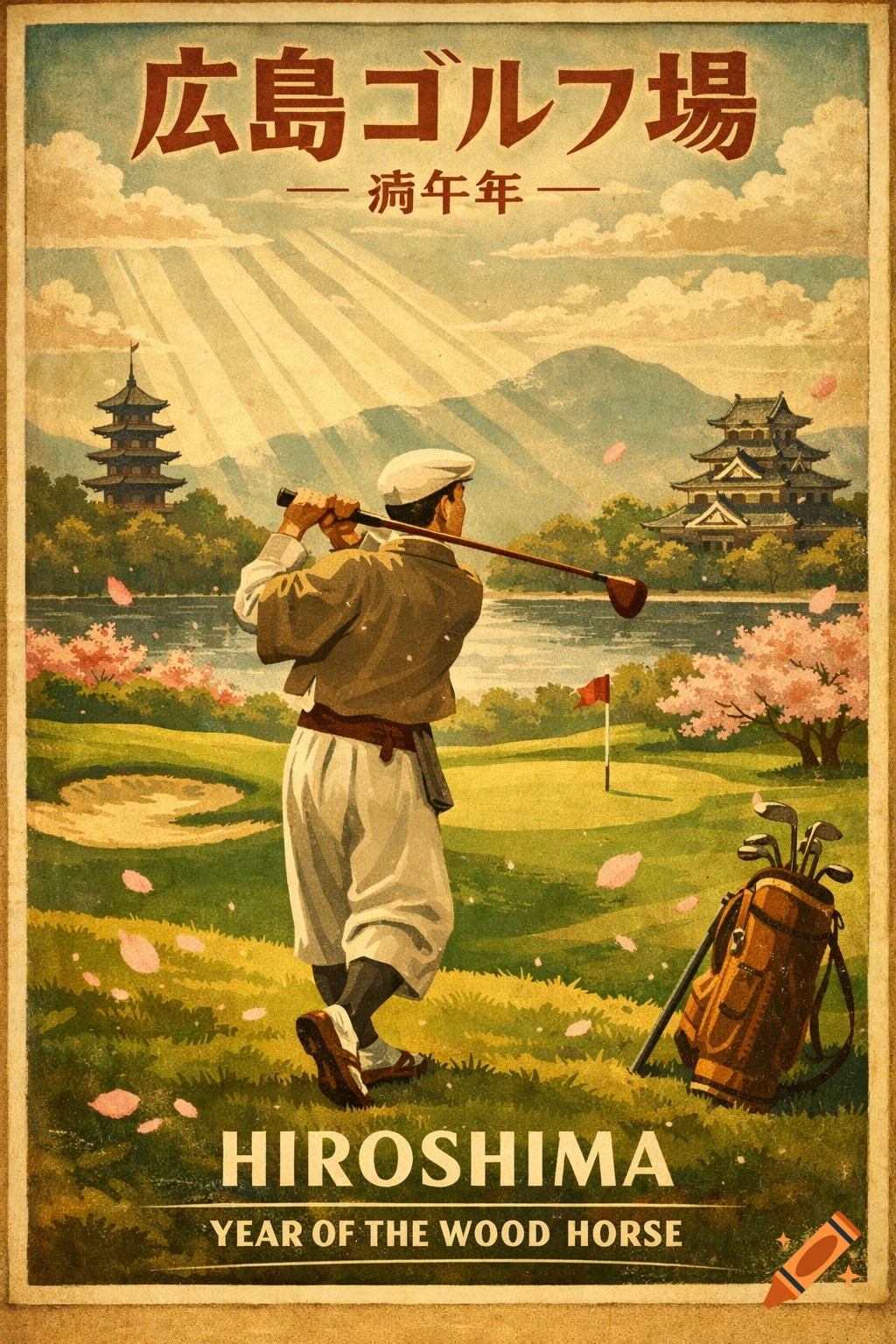 Vintage travel poster for Hiroshima Golf, featuring a golfer, cherry blossoms, pagodas, and a castle under sun rays.