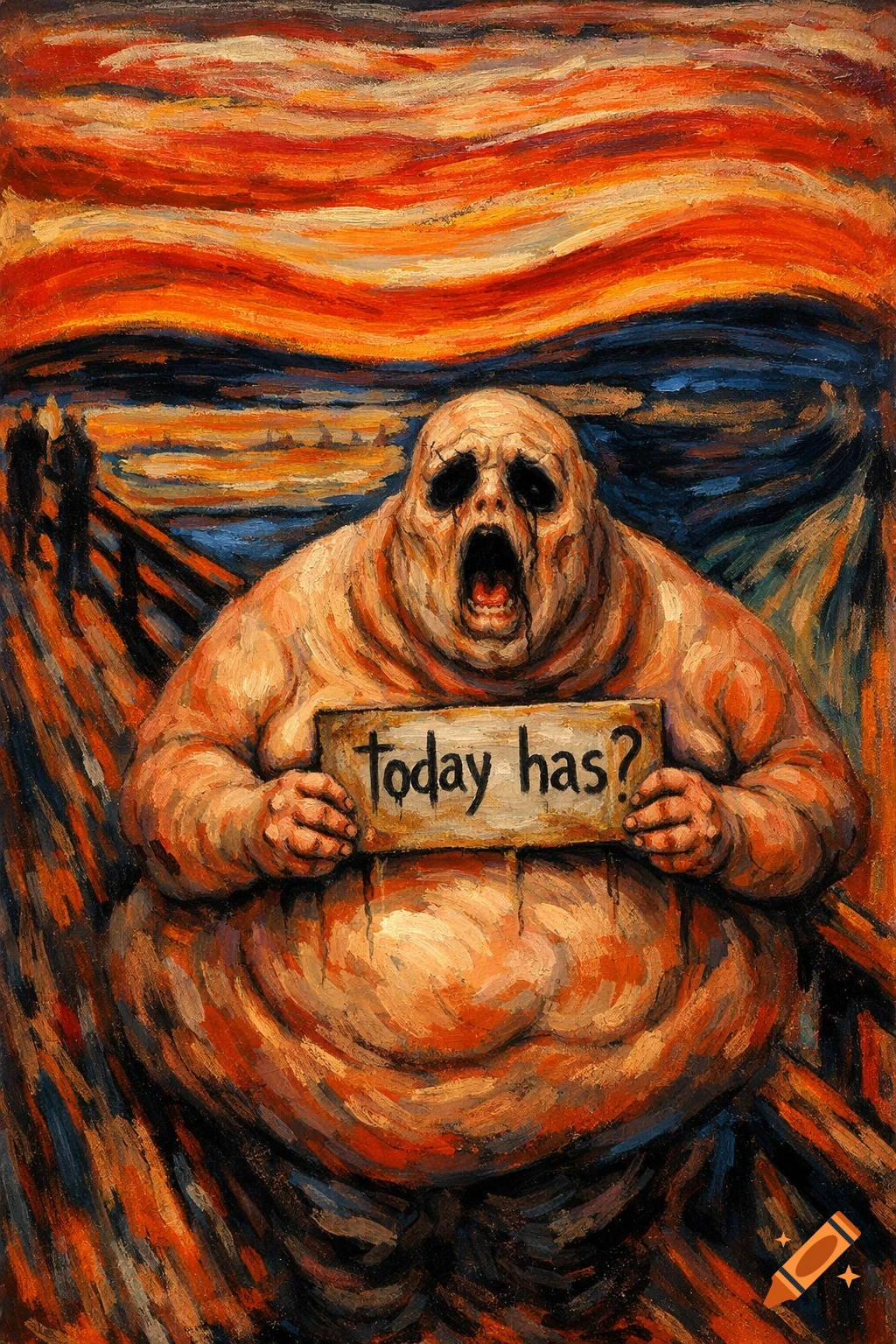 A grotesque, obese figure parodying The Scream holds a sign reading 'today has?' against a fiery sky in an expressionistic painting.