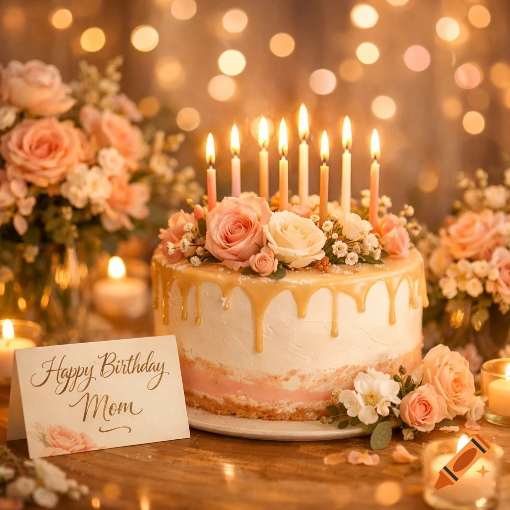 A beautifully decorated birthday cake with lit candles, flowers, and a 'Happy Birthday Mom' card on a wooden table with bokeh lights.