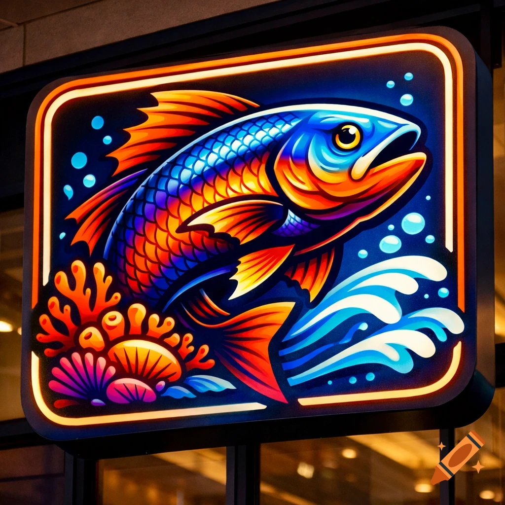 A vibrant, neon-lit sign depicting a stylized, colorful fish surrounded by coral and waves against a dark background.