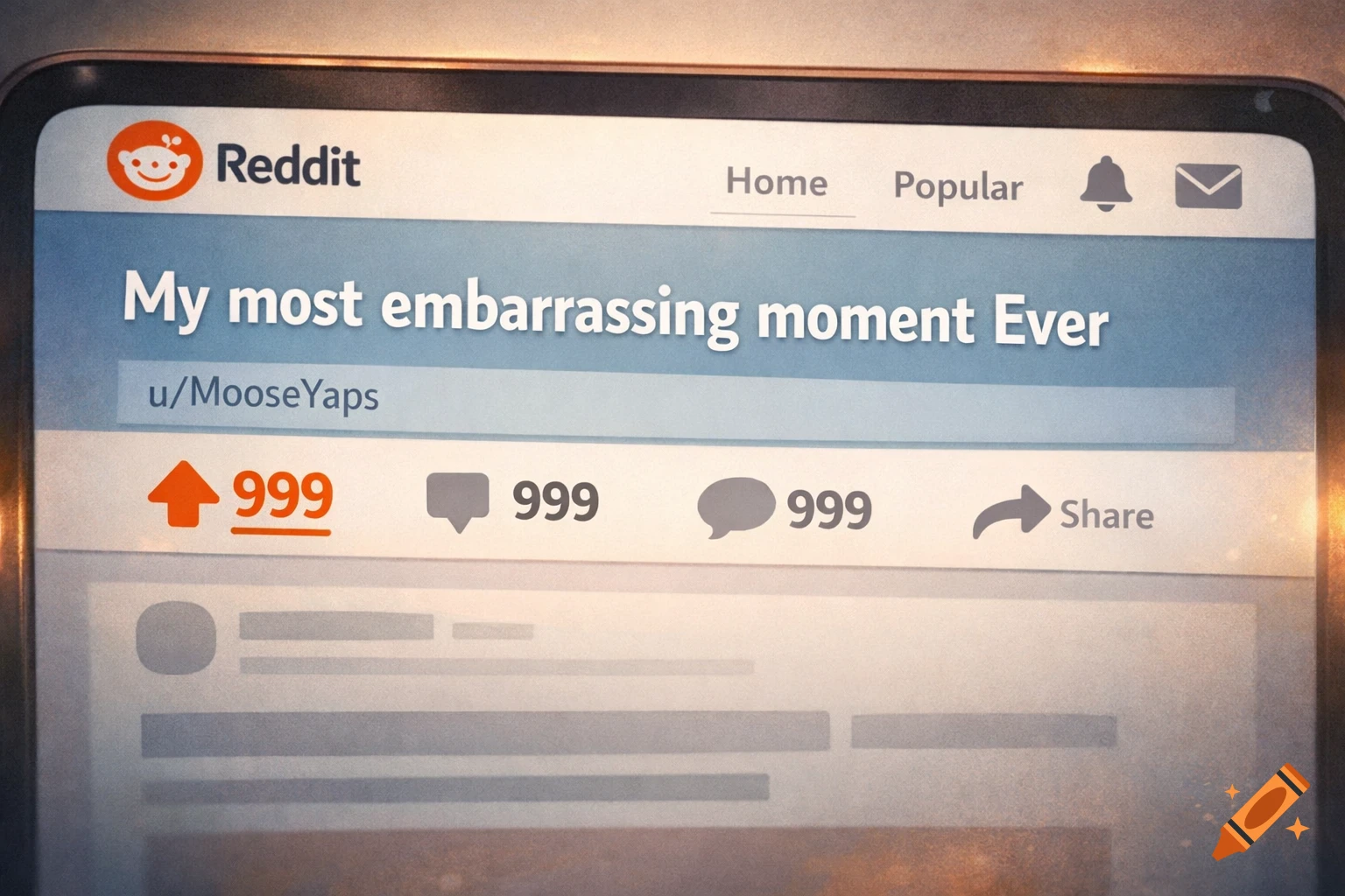Close-up of a Reddit post titled 'My most embarrassing moment Ever' by u/MooseYaps, showing 999 upvotes and 999 comments.