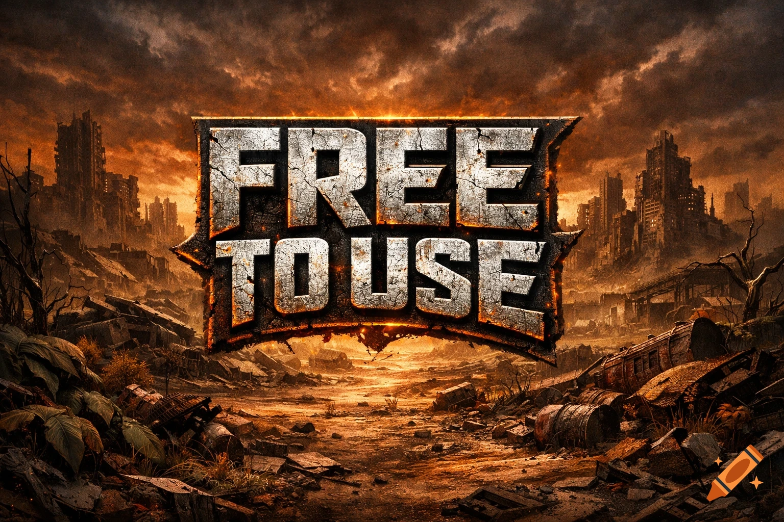 A gritty, cracked logo saying 'FREE TO USE' over a dark, post-apocalyptic cityscape with ruined buildings and debris.