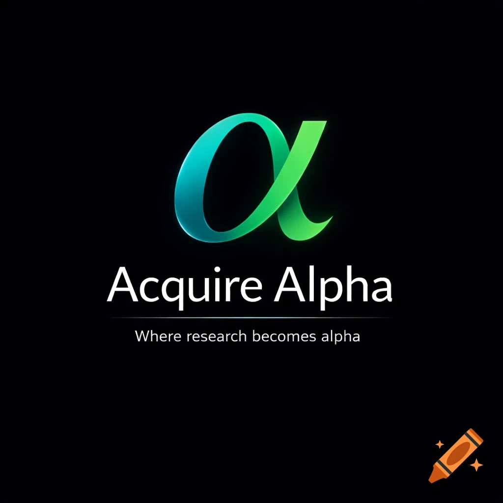 A logo featuring a gradient alpha ( R) symbol above 'Acquire Alpha' and 'Where research becomes alpha' on black.
