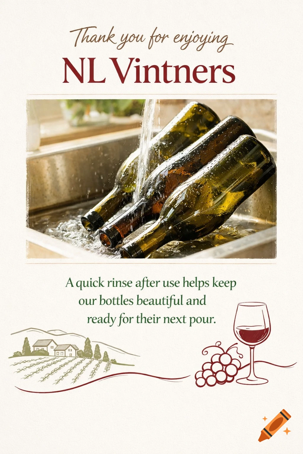 An elegant poster for NL Vintners, showing wine bottles being rinsed in a sink, with text and line illustrations of a vineyard and wine glass.