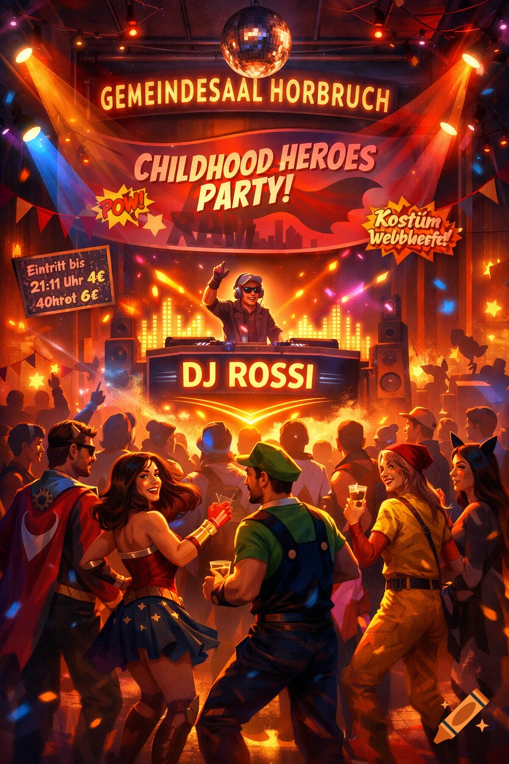 A vibrant party poster featuring a DJ on stage and a crowd of people dressed as childhood heroes like Wonder Woman and Luigi dancing under disco lights.