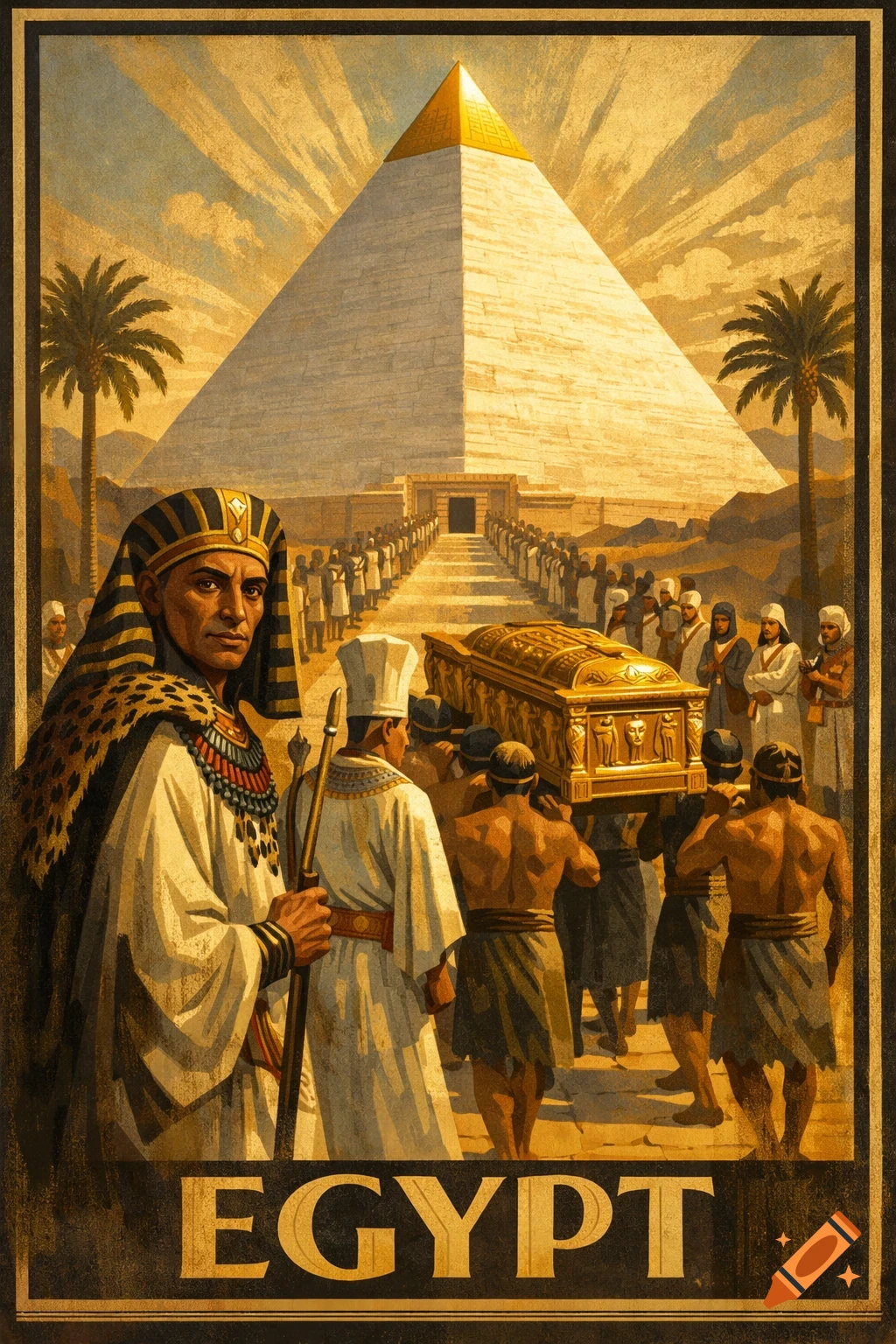 1930s style poster of an ancient Egyptian procession carrying a golden sarcophagus towards a pyramid, with a pharaoh looking at the viewer.