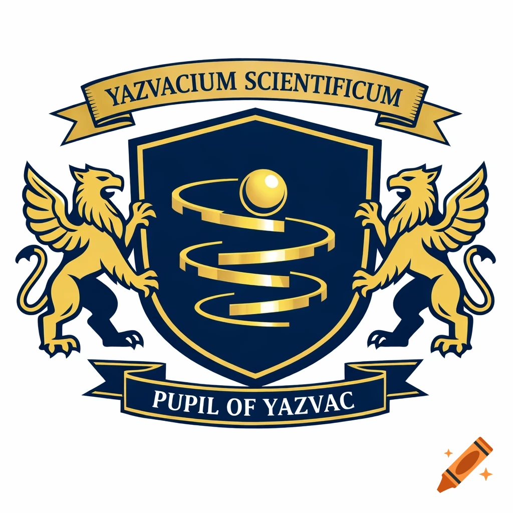 A professional navy blue and gold Ivy League style crest featuring two griffins, a shield with a spiral track and marble, and banners with the text "YAZVACIUM SCIENTIFICUM" and "PUPIL OF YAZVAC".