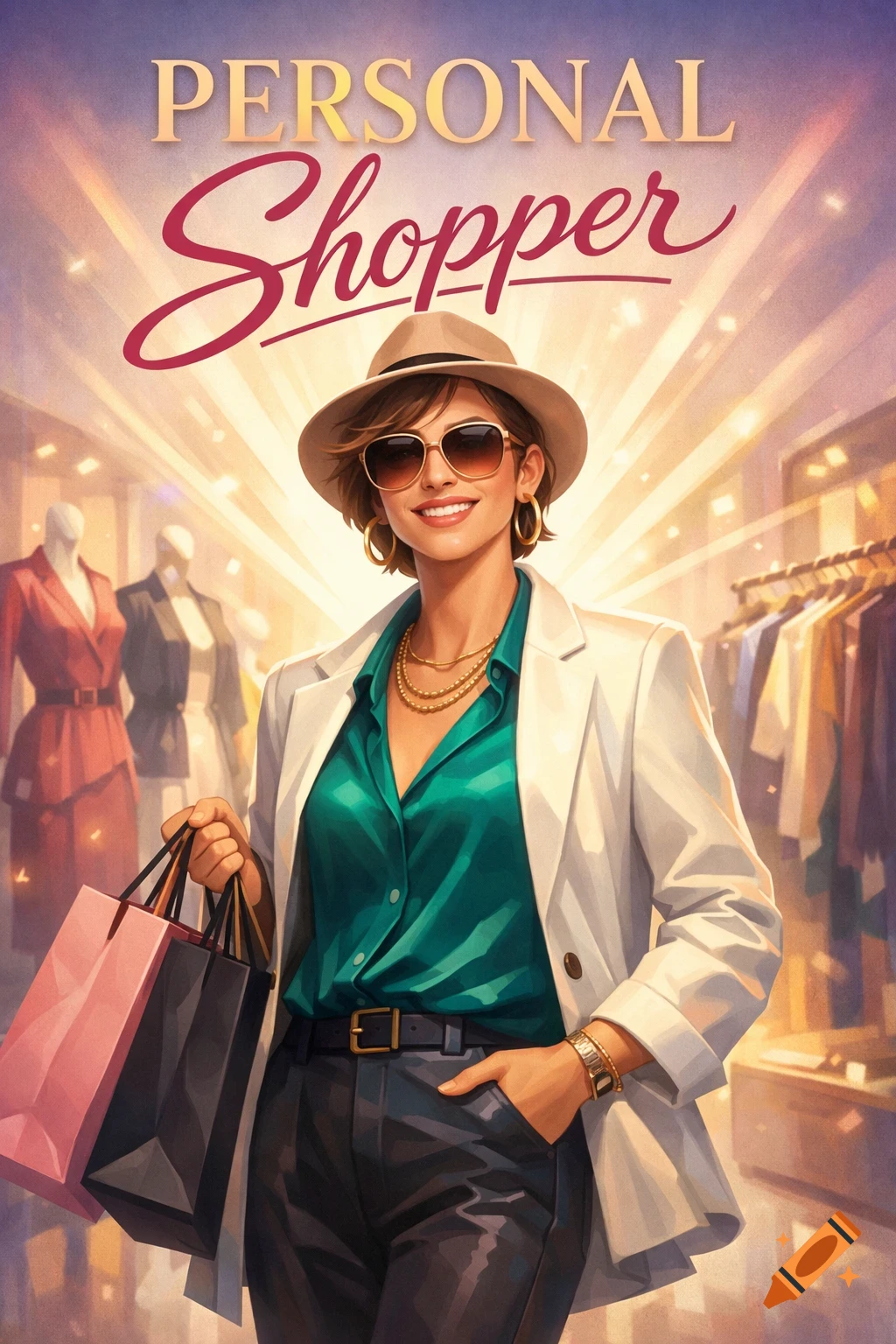 An illustrated woman with a hat and sunglasses, holding shopping bags, smiles in a brightly lit clothing store under "PERSONAL Shopper" text.