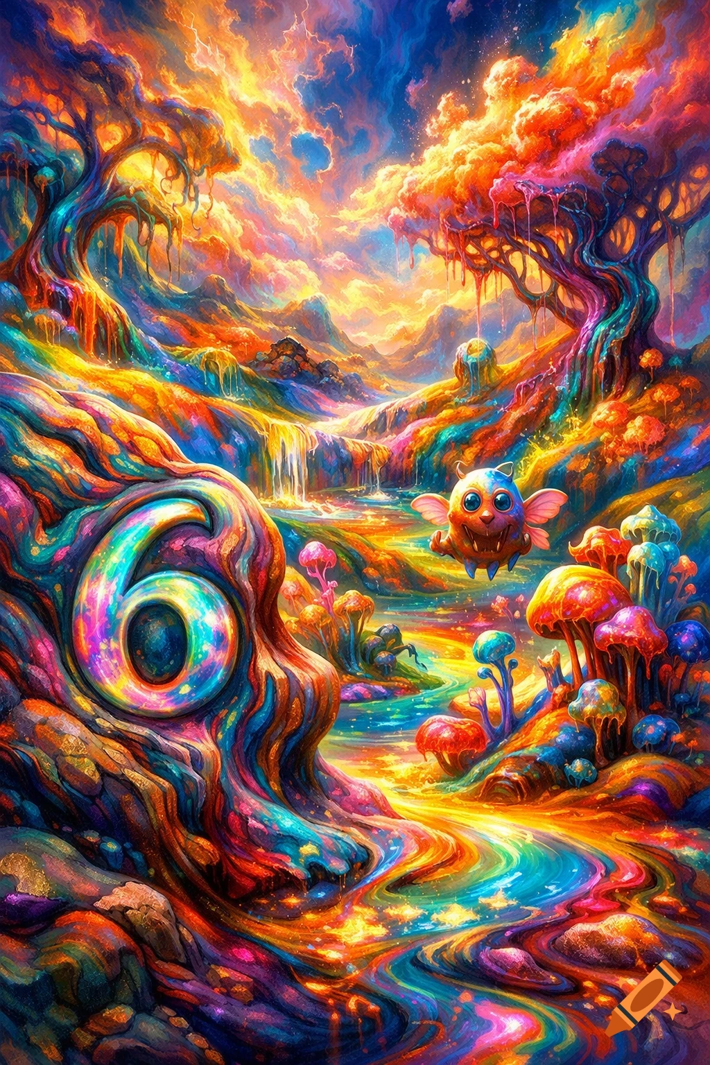 Vibrant psychedelic fantasy landscape with a large colorful '6', dripping trees, glowing mushrooms, a river, and a cute winged creature.