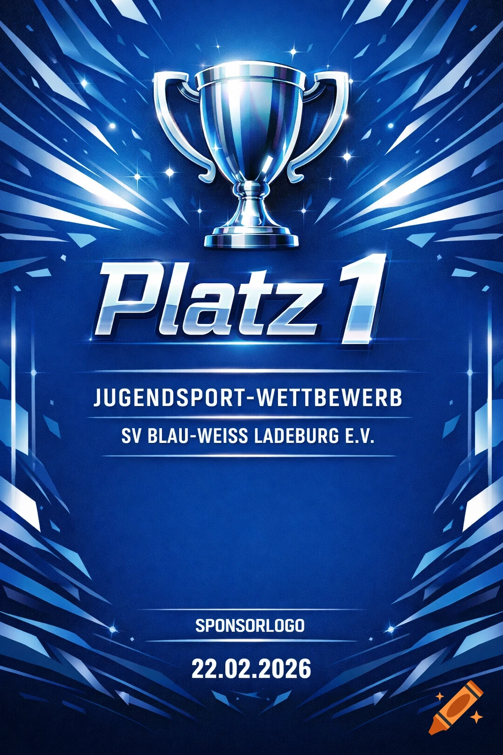 A vibrant blue and white poster for a youth sports competition, featuring a glowing silver trophy at the top, and text that reads "Platz 1", "JUGENDSPORT-WETTBEWERB", "SV BLAU-WEISS LADEBURG E.V.", "SPONSORLOGO", and "22.02.2026".