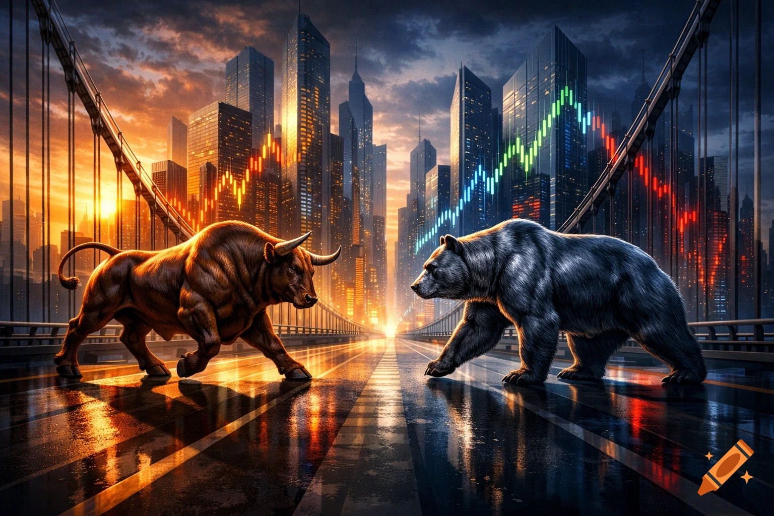 A bull and a bear face each other on a bridge with a city skyline and stock market charts at sunset, depicting finance.