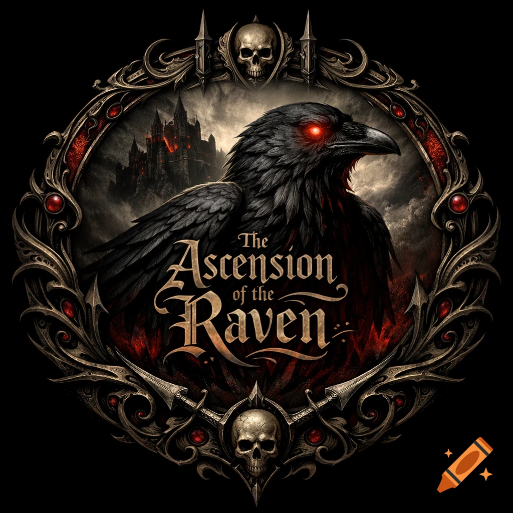 Gothic fantasy emblem of a black raven with red eyes and a dark castle, text 'The Ascension of the Raven' in an ornate skull-adorned frame.