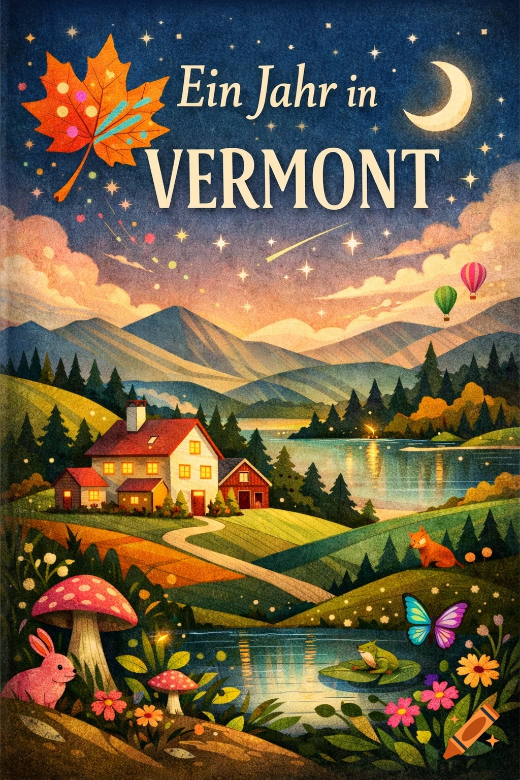 A whimsical fairytale landscape book cover showing a house by a lake, mountains, forest, glowing mushrooms, a rabbit, fox, frog, and hot air balloons under a starry night sky with a crescent moon. Text reads "Ein Jahr in VERMONT".