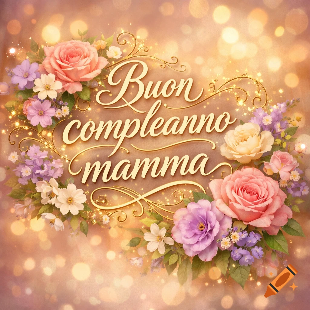 A greeting card with golden script "Buon compleanno mamma" (Happy Birthday Mom) surrounded by pink, purple, and white roses against a bokeh background.