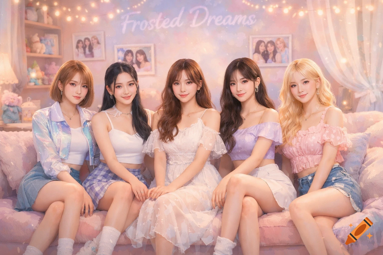 Five young women in diverse pastel outfits pose on a sofa in a dreamy, light-filled room with 'Frosted Dreams' text overhead, stylized AI art.