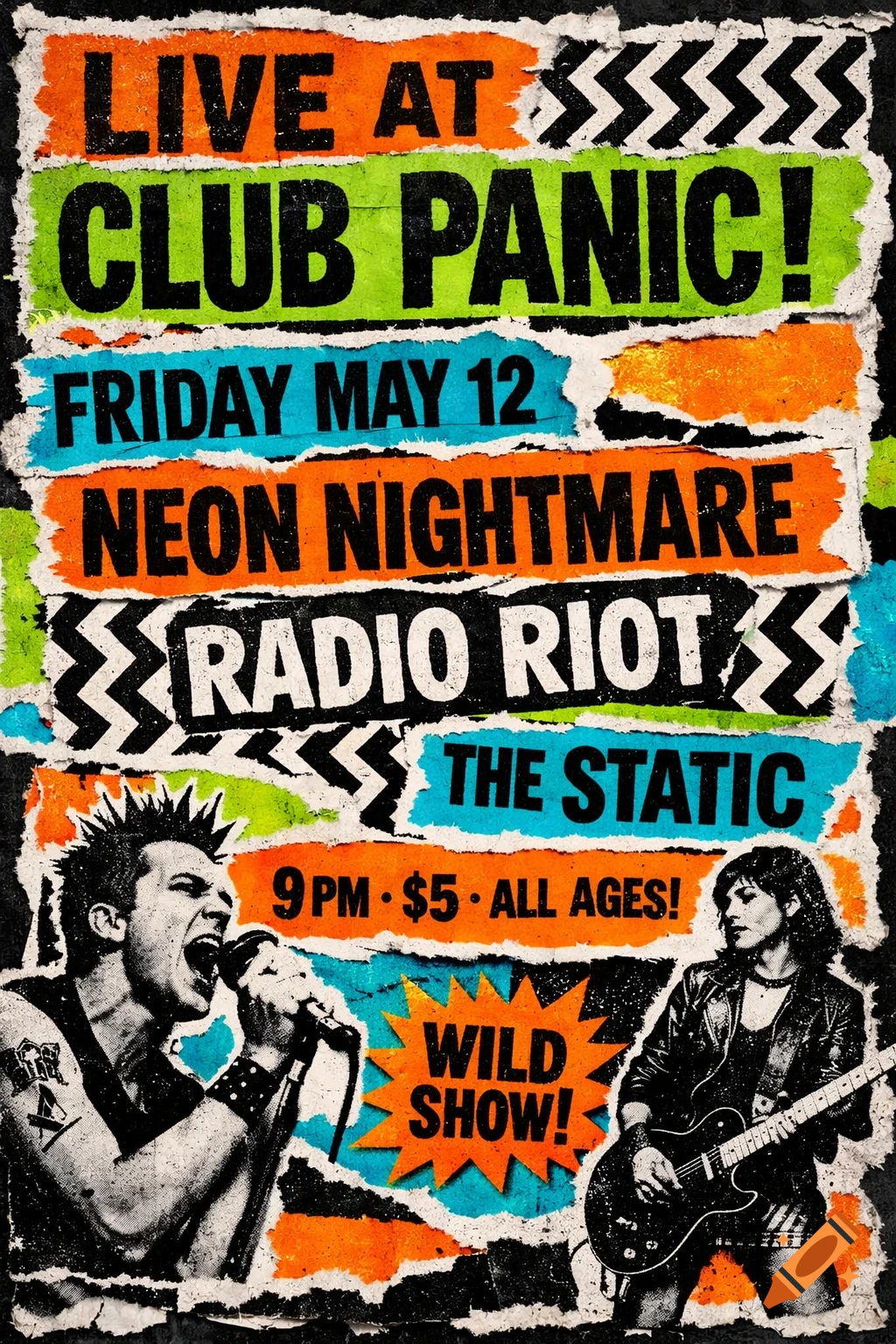 A retro punk concert poster with torn paper, vibrant neon colors, bold black text, and images of a singer and guitarist.