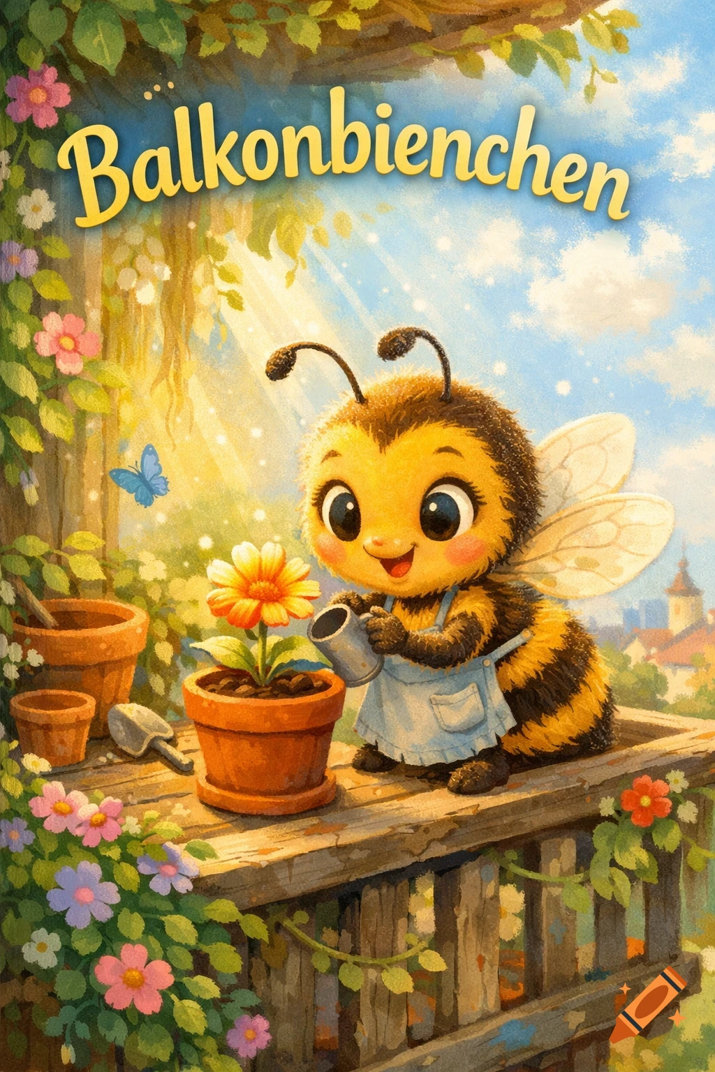 Cute fluffy bee in an apron waters a potted flower on a balcony, with a blue butterfly and colorful flowers. Text reads "Balkonbienchen".