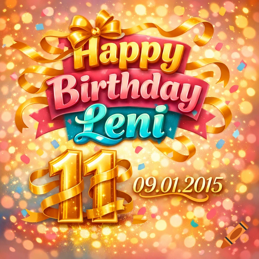 A festive birthday card with "Happy Birthday Leni," a golden "11," and "09.01.2015" on a sparkling, confetti-filled background.