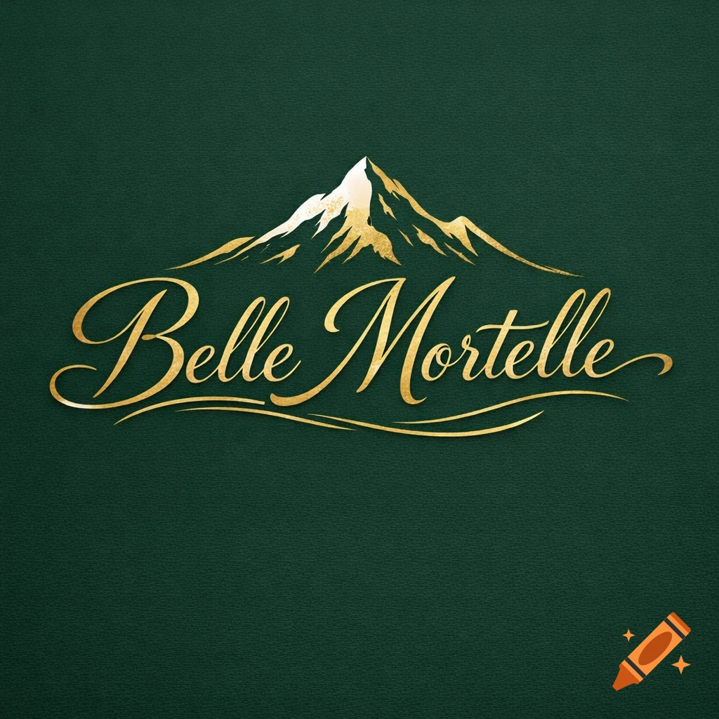 A dark green logo with golden text "Belle Mortelle" and a golden mountain peak, for a fictional mountain hotel.