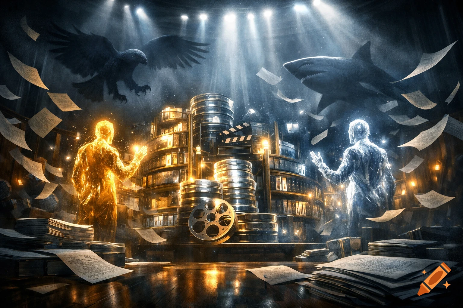 Two glowing, translucent figures stand opposite each other, surrounded by film reels, a clapperboard, flying papers, an eagle, and a shark in a dramatic, spotlighted setting.
