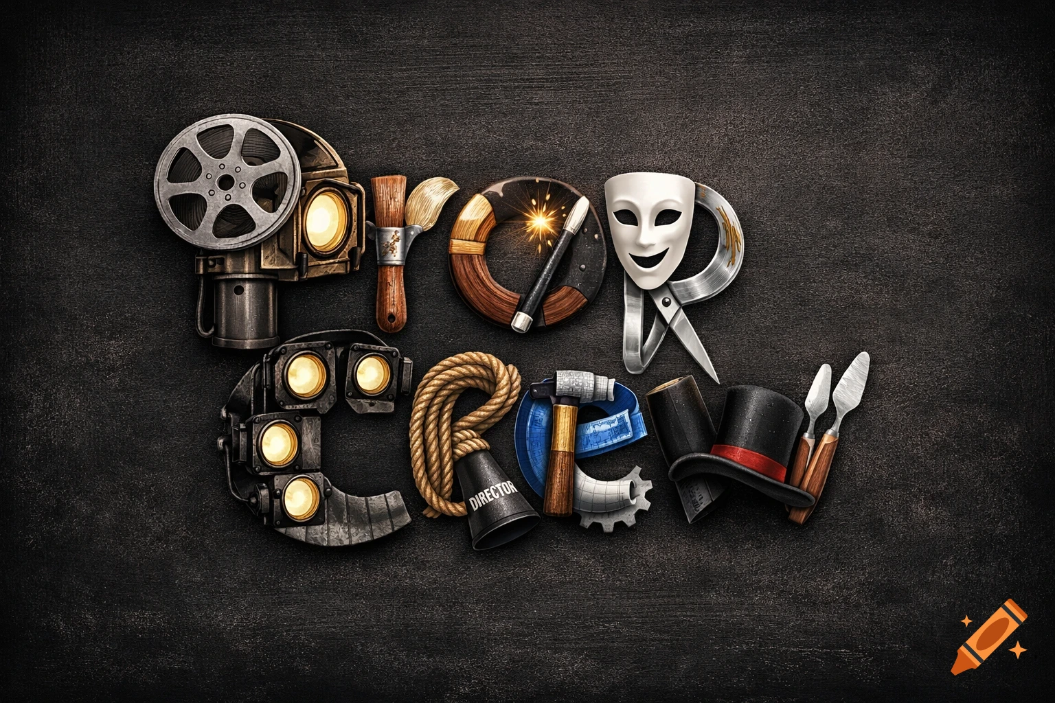A logo spelling "PROP CREW" using various filmmaking and theater objects on a dark background.