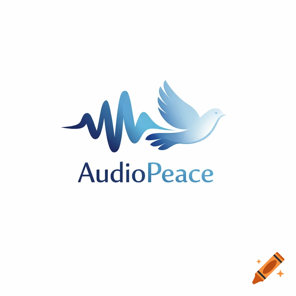 A blue gradient logo features an audio wave flowing into a flying dove, with the text "AudioPeace" below on a white background.