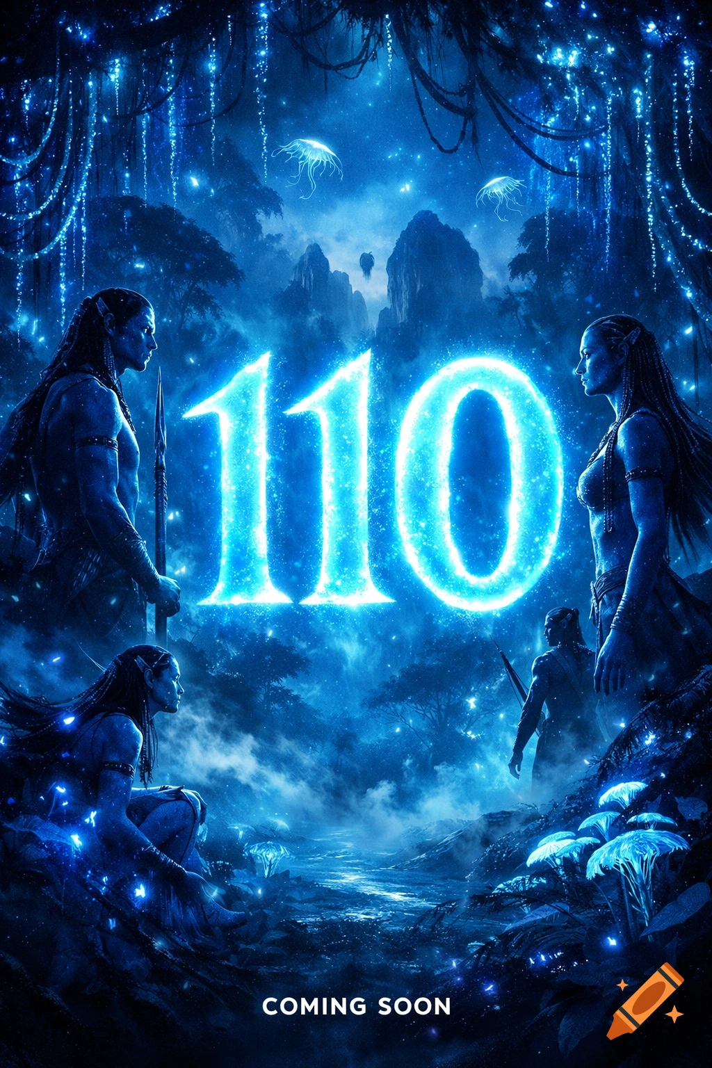 A blue-toned movie poster resembling Avatar, featuring four Na'vi-like figures amidst a bioluminescent forest. In the center, a large glowing "110" is displayed, with "COMING SOON" at the bottom.