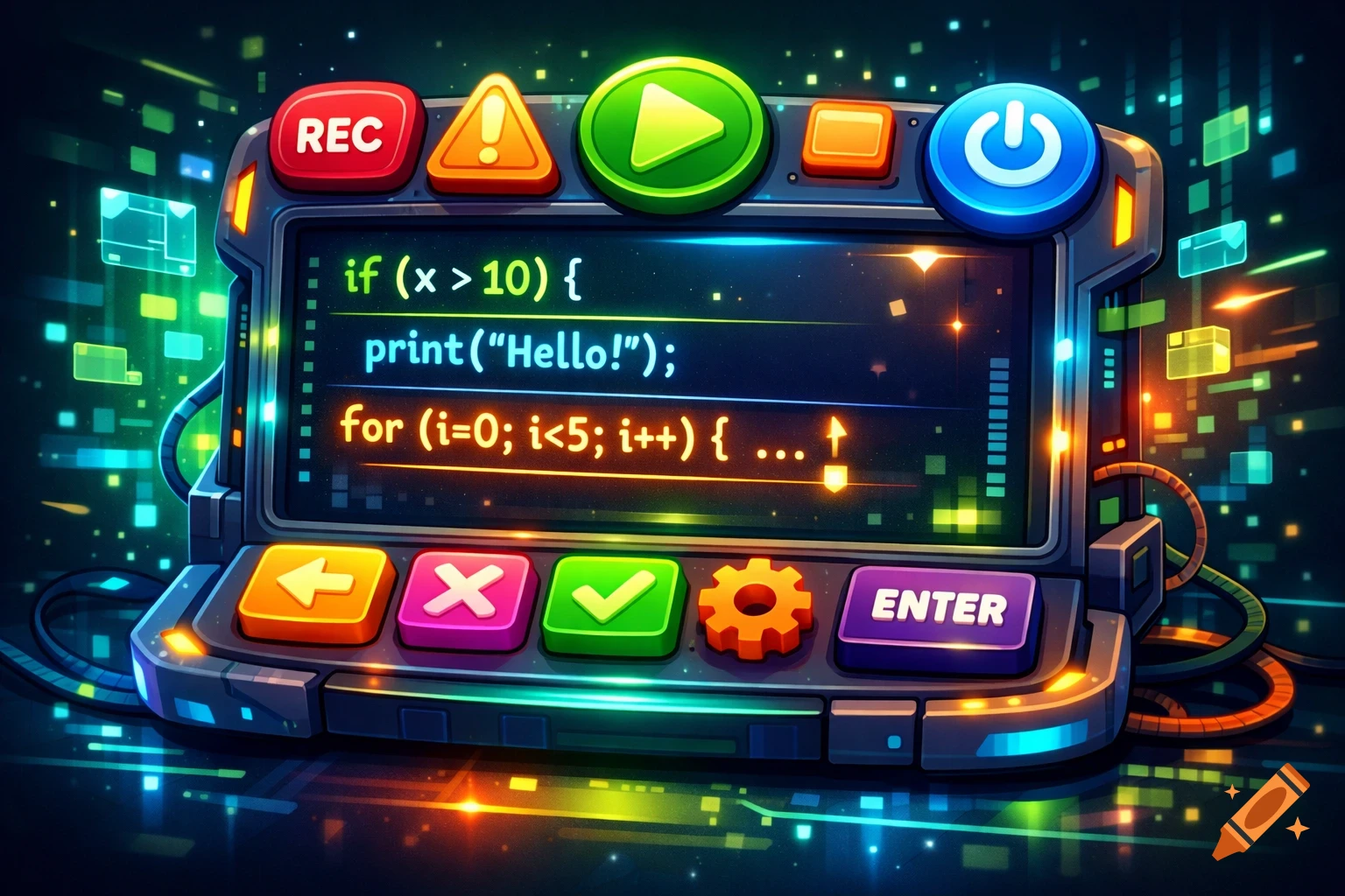 A vibrant cartoon code console with glowing buttons and screen displaying programming code against a dark, pixelated background.