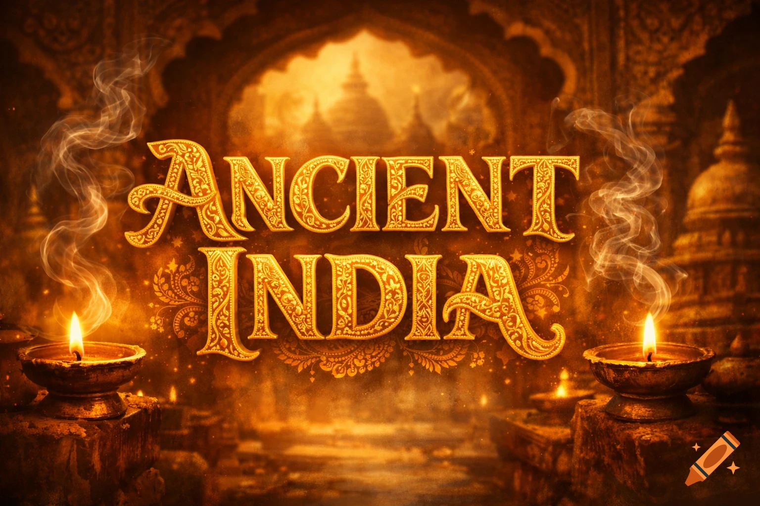 Golden, ornate text 'ANCIENT INDIA' in front of ancient Indian architecture, flanked by two lit oil lamps with smoke.
