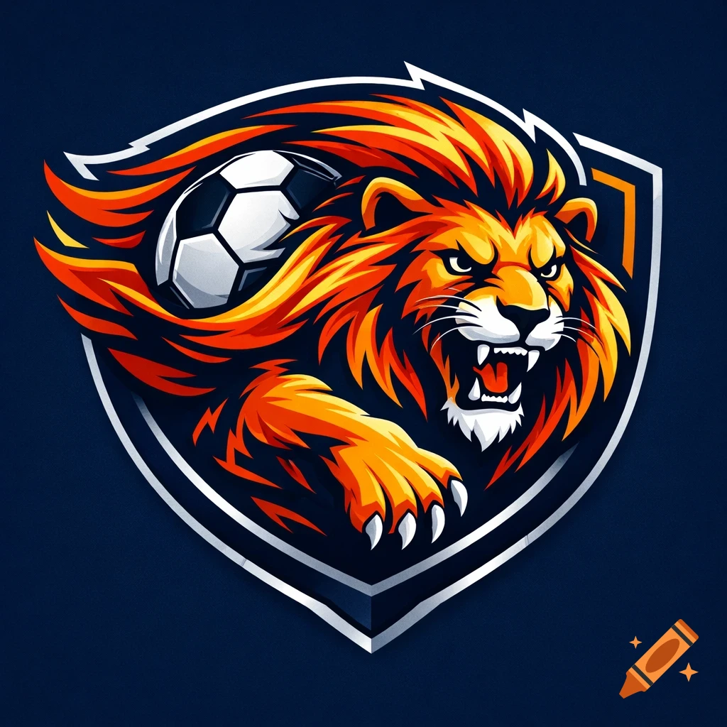A vibrant sports logo features an aggressive, roaring lion head with a fiery orange mane, a soccer ball, and a paw, all within a shield.