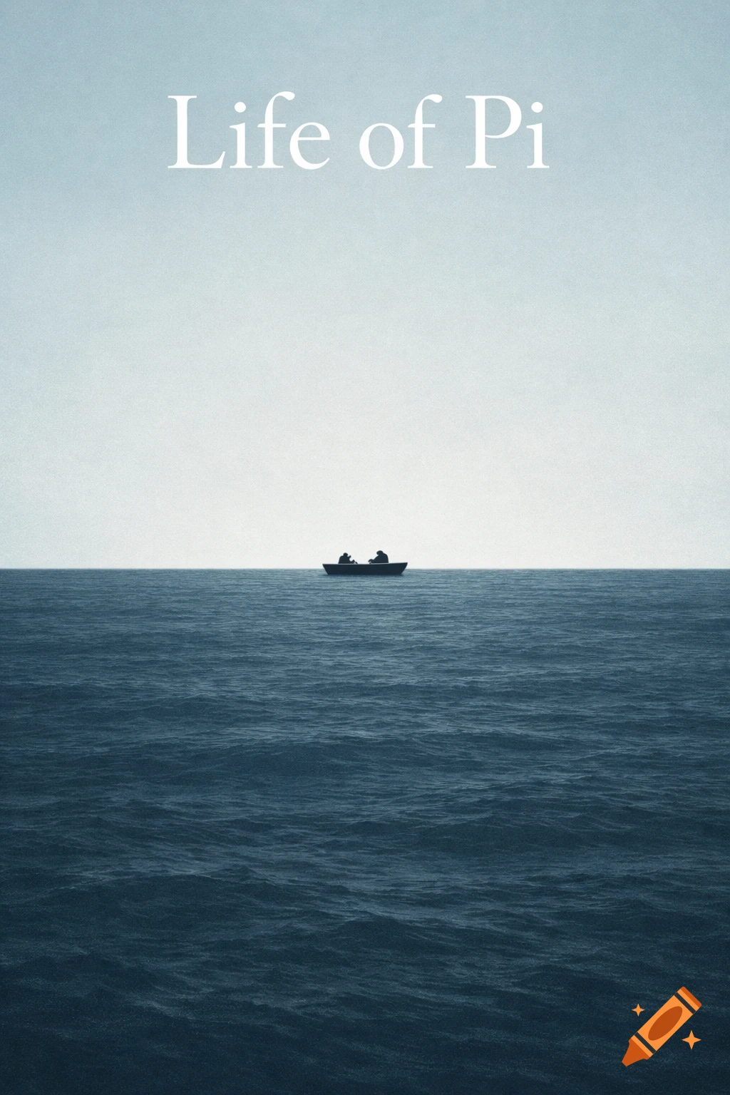 A minimalist book cover for 'Life of Pi' shows a small boat on a vast, dark blue ocean under a pale sky.